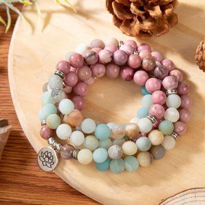 108 Mala Beads Natural 8mm Rhodonite Amazonite Stone Lotus Charm Necklace